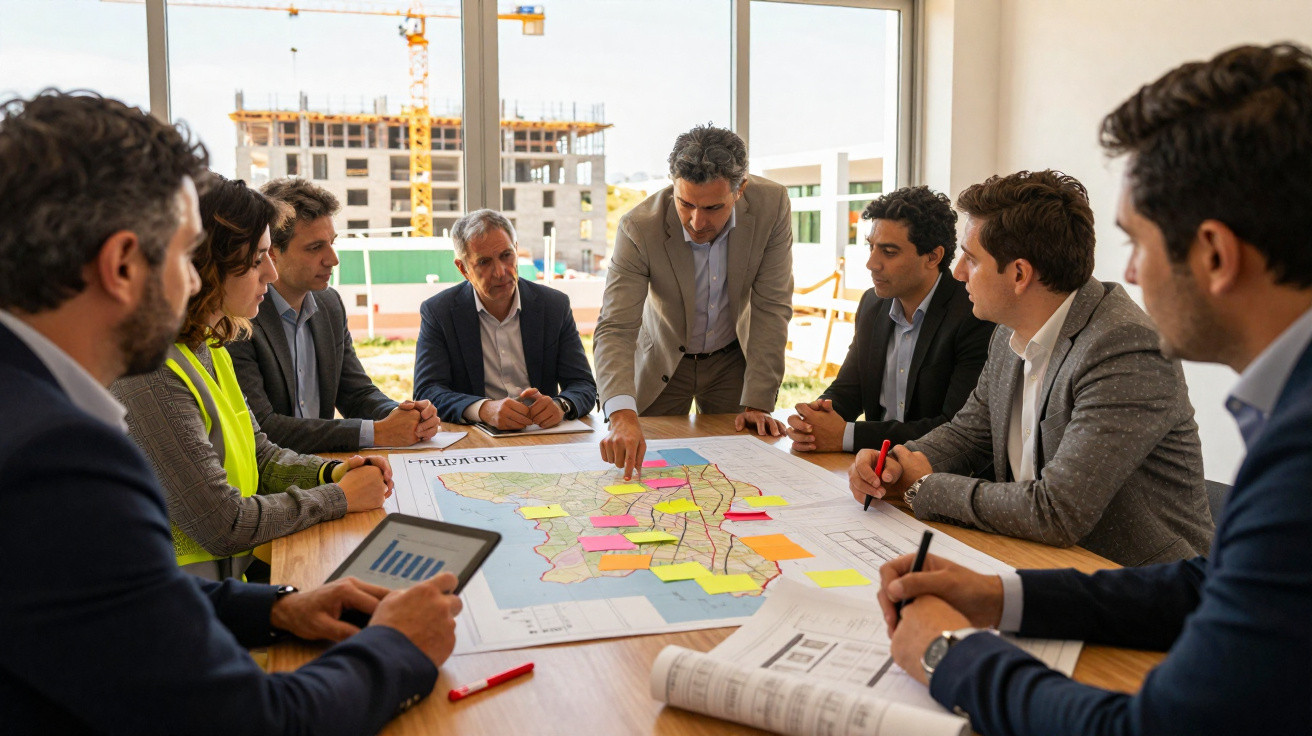 Reunião de equipa de arquitetos a discutir planta de construção com notas coloridas numa mesa numa sala com janela grande.