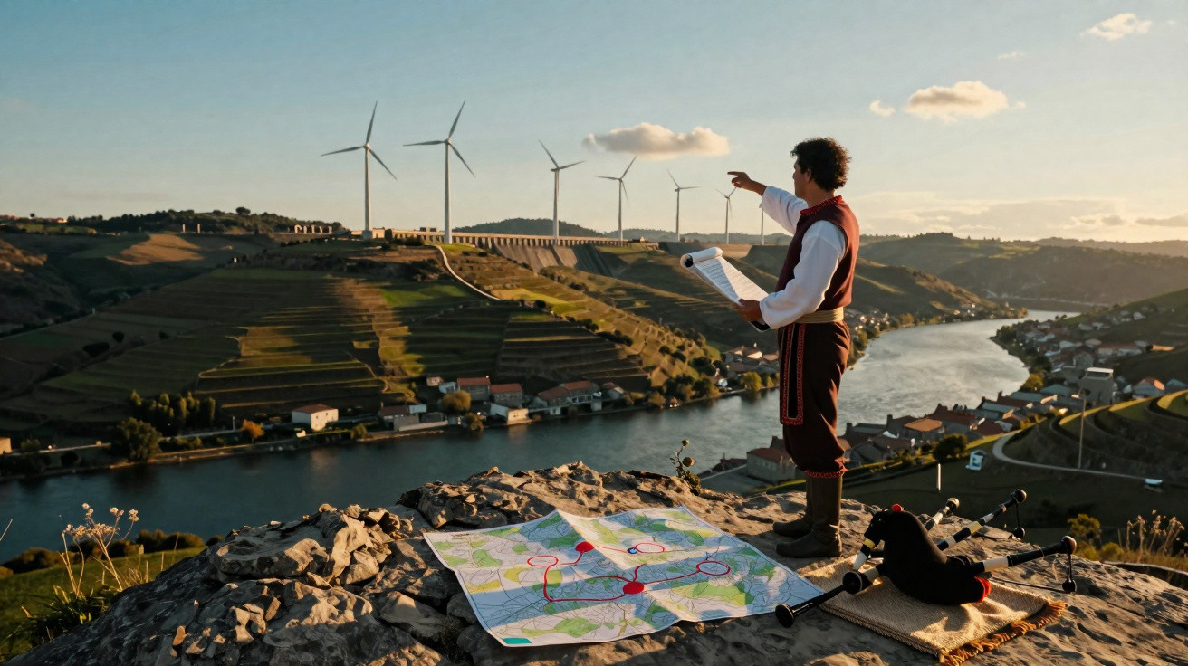 Homem em traje tradicional junto a mapa observa rio e turbinas eólicas numa paisagem rural ao pôr do sol.