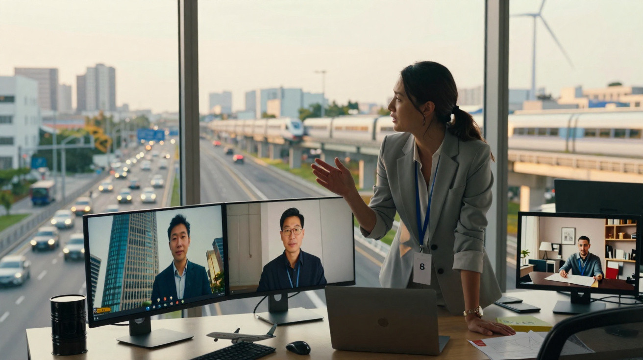 Mulher em videoconferência com três colegas em escritório com vista para estrada e comboio moderno.