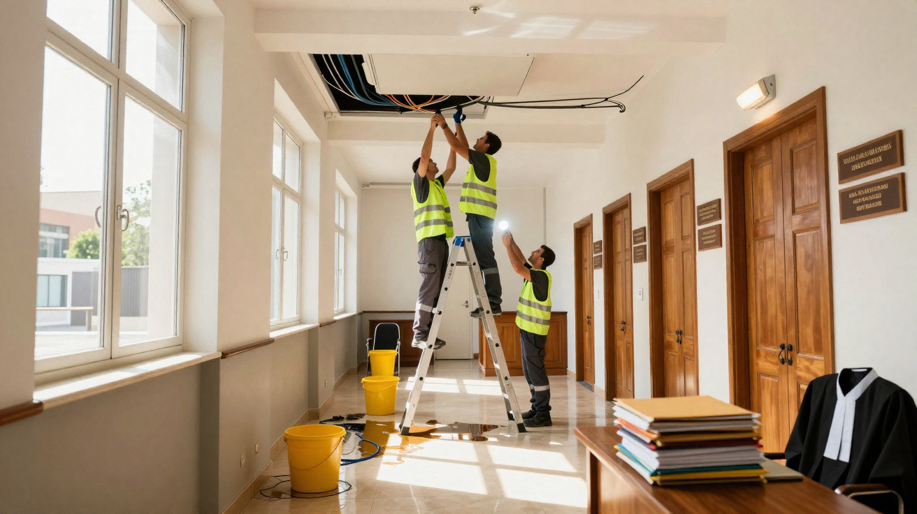 Três trabalhadores com coletes refletores instalam cabos no teto de um corredor iluminado por janelas grandes.