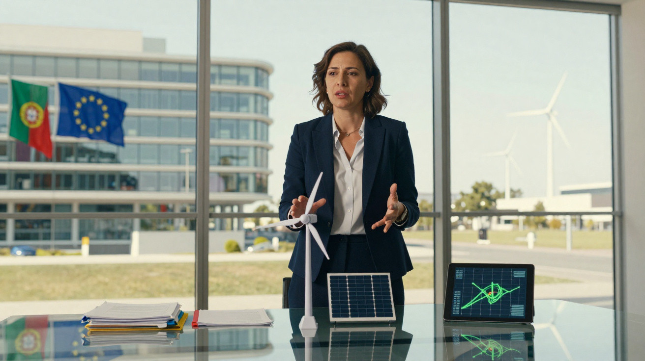 Mulher em fato apresentando modelos de energia renovável dentro de escritório com bandeiras de Portugal e Europa atrás.