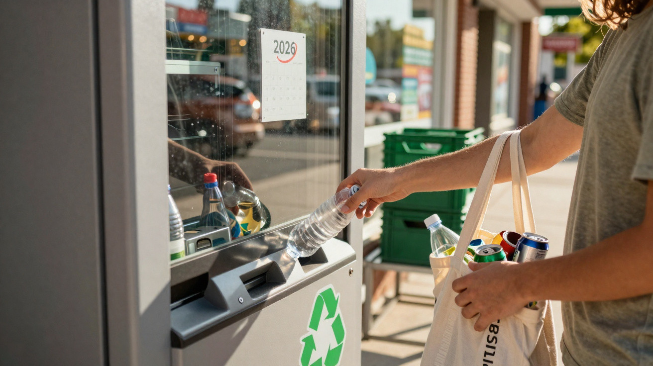 Pessoa a colocar garrafa de plástico numa máquina de reciclagem de embalagens reutilizáveis.