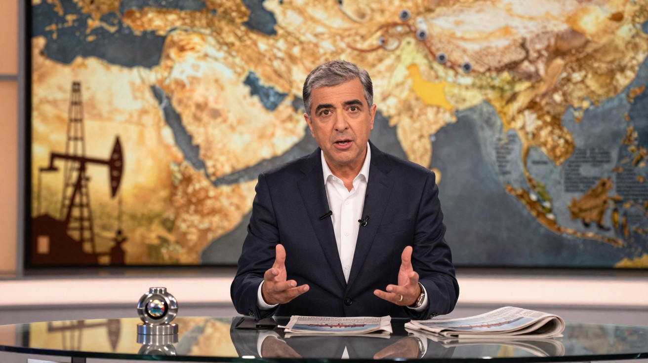 Apresentador de telejornal sentado à mesa com jornais, a falar em estúdio com mapa do Médio Oriente ao fundo.