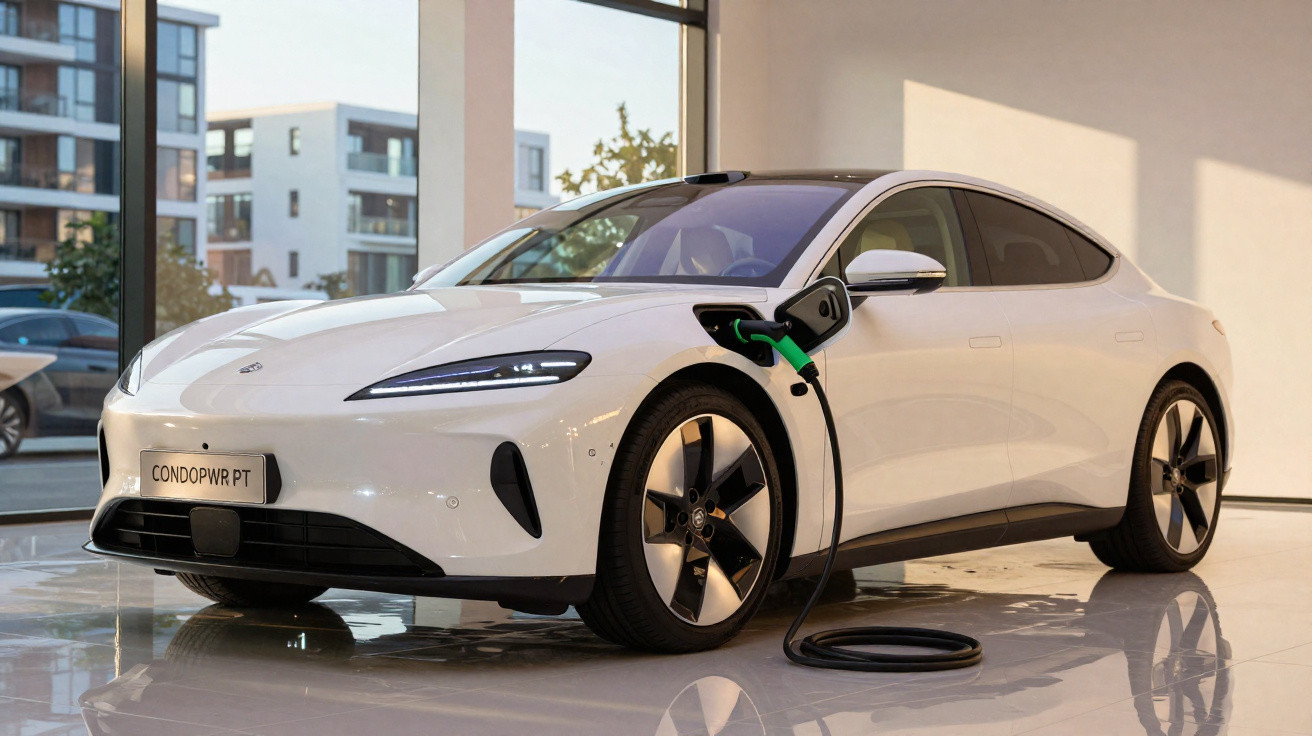 Carro elétrico branco a carregar bateria numa tomada numa garagem moderna com janelas grandes.