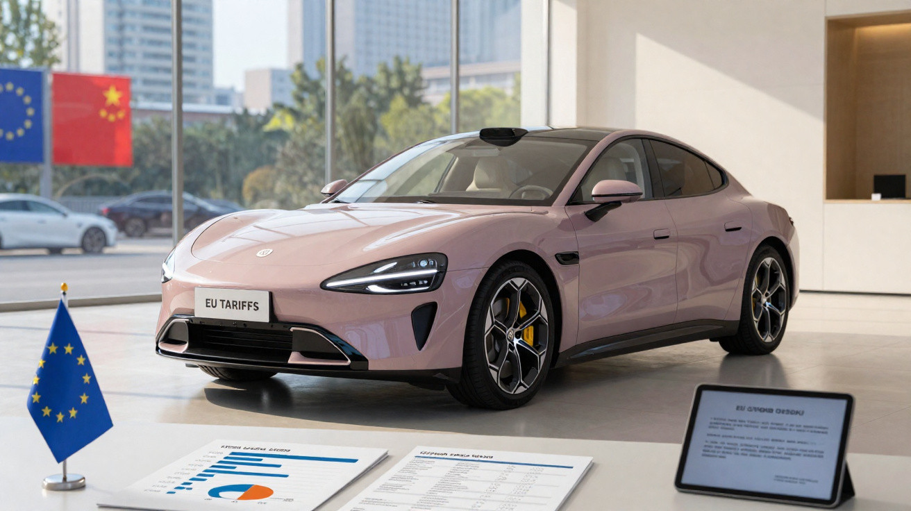 Carro elétrico cor rosa peixe em exposição num salão moderno com bandeiras da União Europeia e China ao fundo.