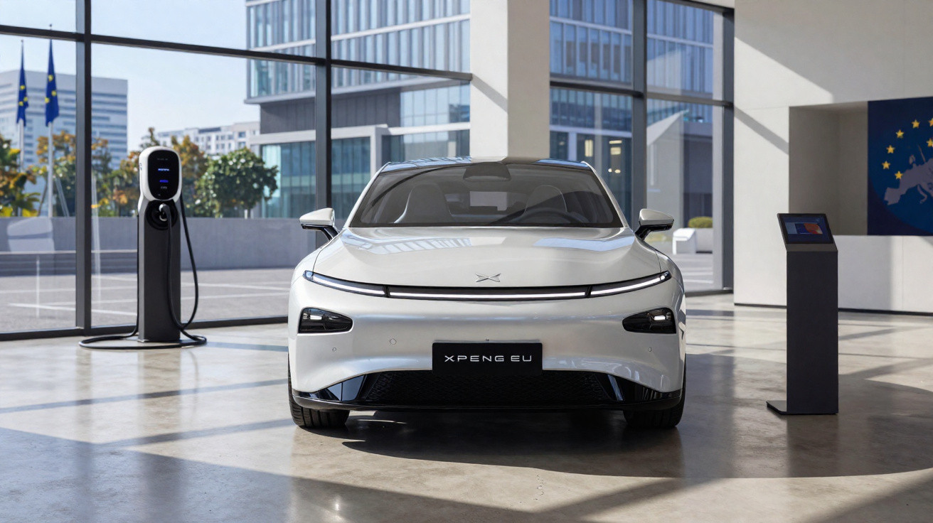 Carro elétrico branco XPeng EU estacionado em showroom moderno com carregador elétrico ao lado.