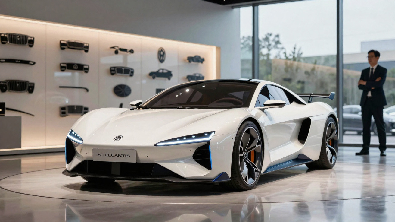 Carro desportivo branco futurista exposto numa sala com paredes decoradas e homem ao fundo.