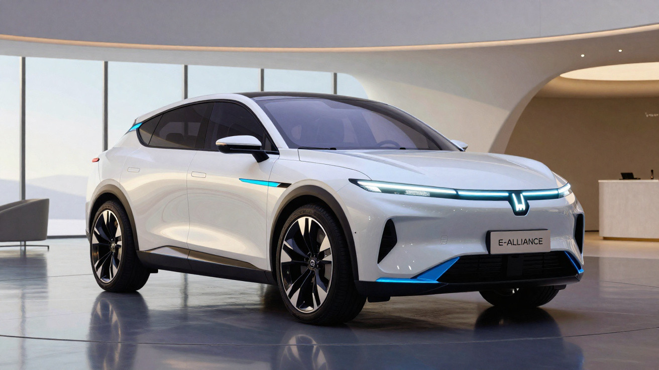 Carro elétrico branco moderno com detalhes azuis e jantes pretas, estacionado em espaço interior minimalista.