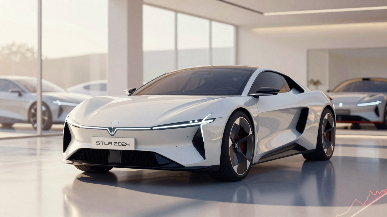 Carro eléctrico desportivo branco moderno estacionado em espaço interior iluminado com vidro.