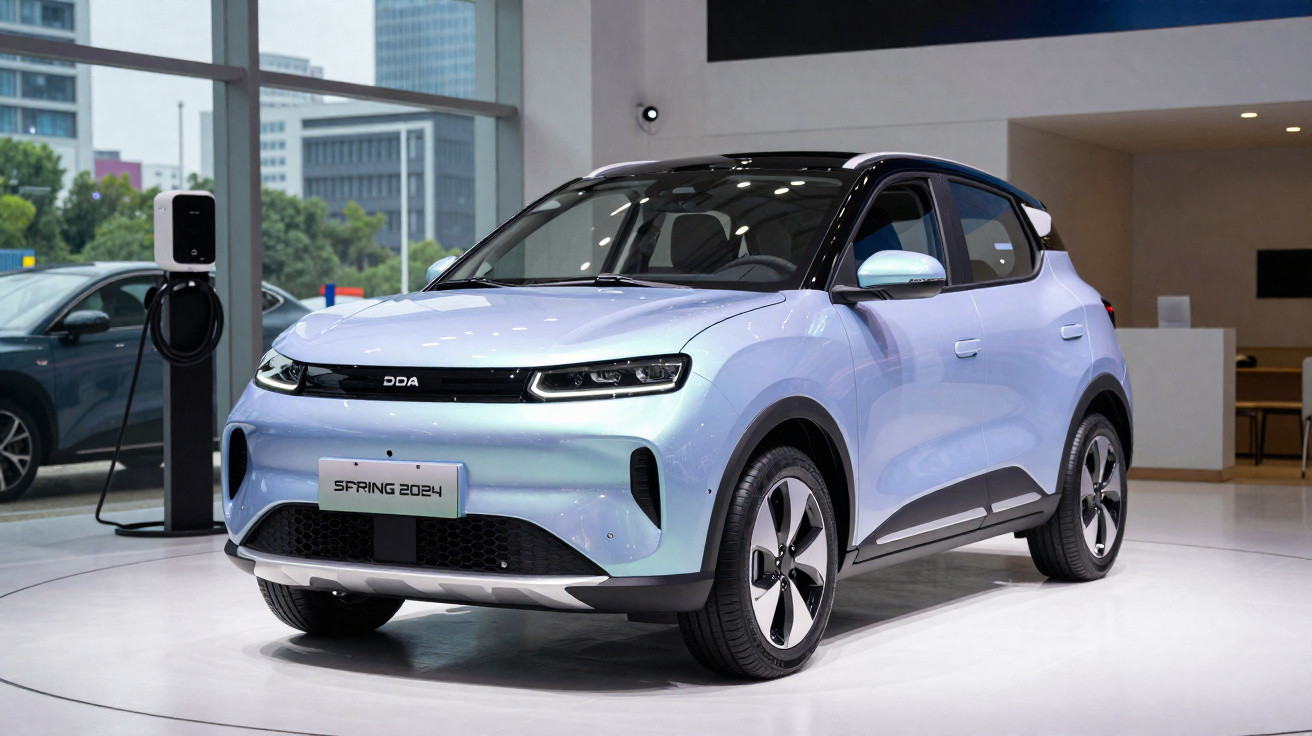 Carro elétrico cinza claro modelo Spring 2024 exibido numa sala de exposição moderna.