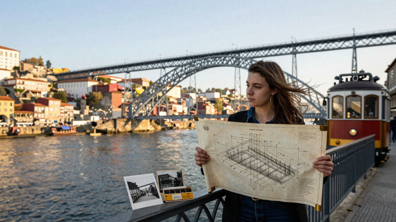 Mulher segurando um plano arquitetónico junto ao rio Douro, com a ponte D. Luís I e elétrico ao fundo em Porto.