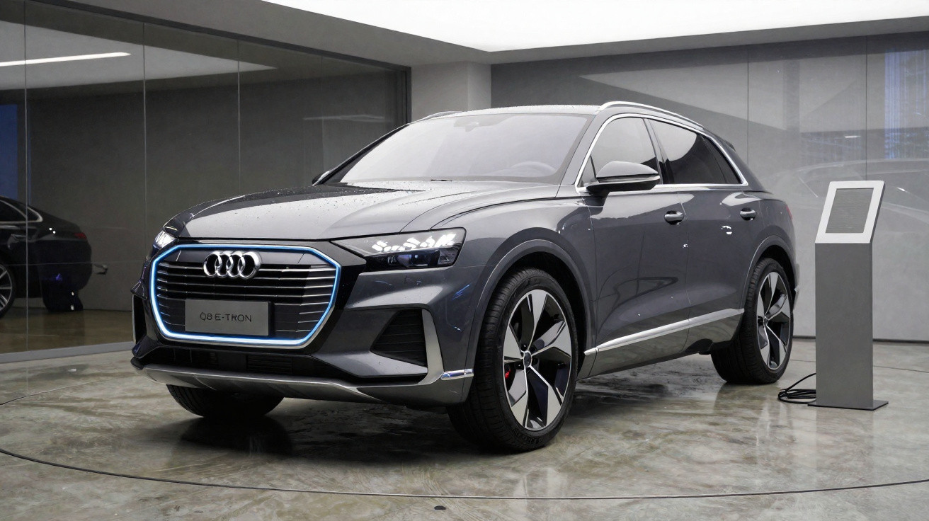 Carro elétrico Audi e-tron cinzento num espaço interior moderno a ser carregado.