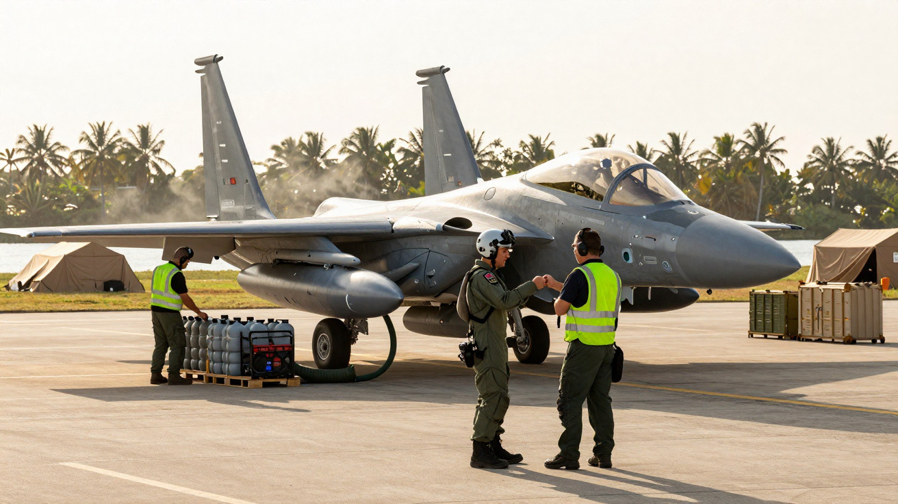 Avião militar estacionado com tripulantes em uniforme e coletes reflexivos no aeroporto ao ar livre.