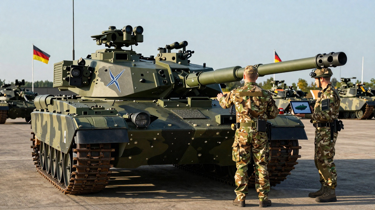 Tanque militar camuflado com duas tropas ao lado e bandeira da Alemanha ao fundo.