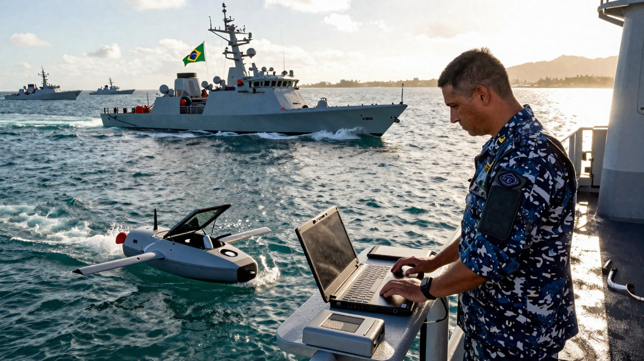 Militar da marinha usa portátil para controlar drone aquático próximo a navios de guerra com bandeira do Brasil ao fundo.