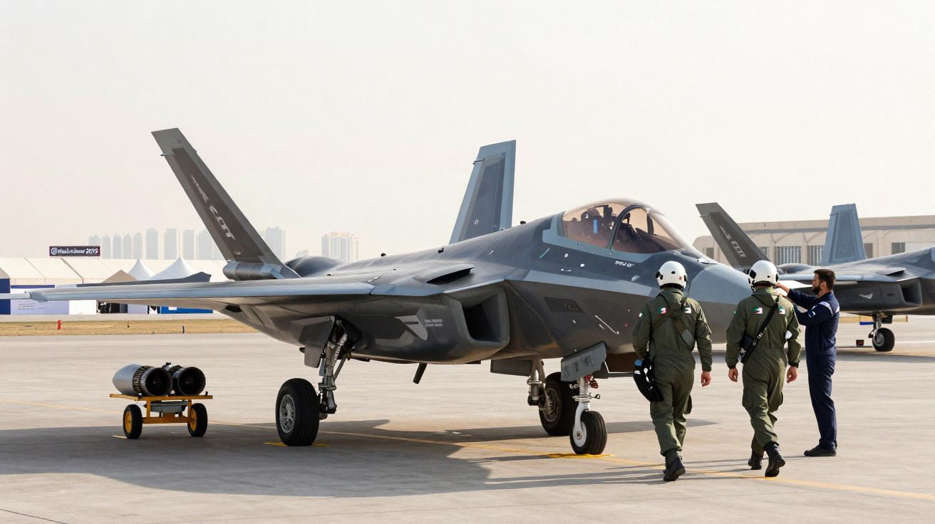 Caça furtivo cinzento estacionado num aeroporto com dois pilotos e um técnico em equipamento de voo.