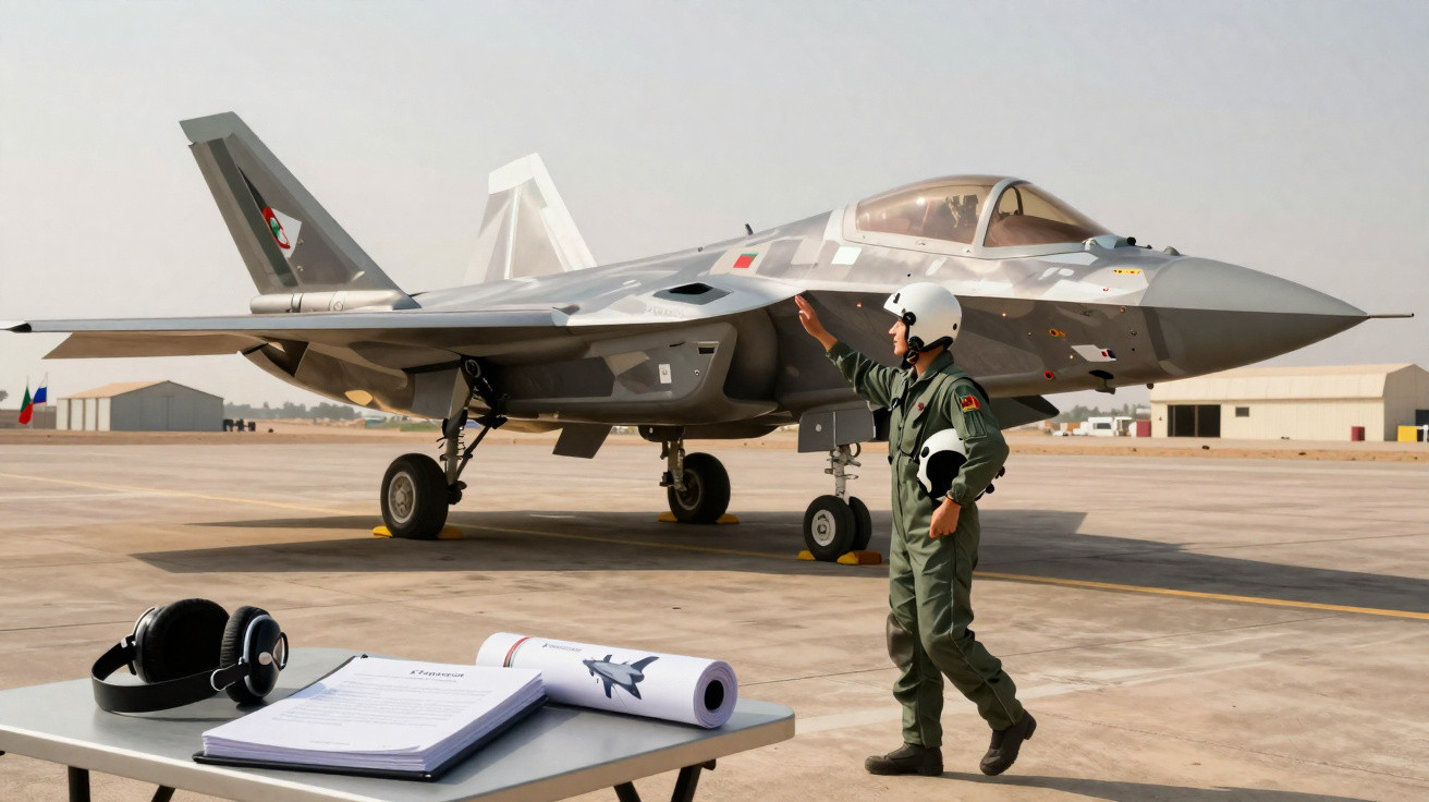 Piloto em uniforme toca em caça furtivo cinzento numa pista de aeroporto com mesa de instruções à frente.