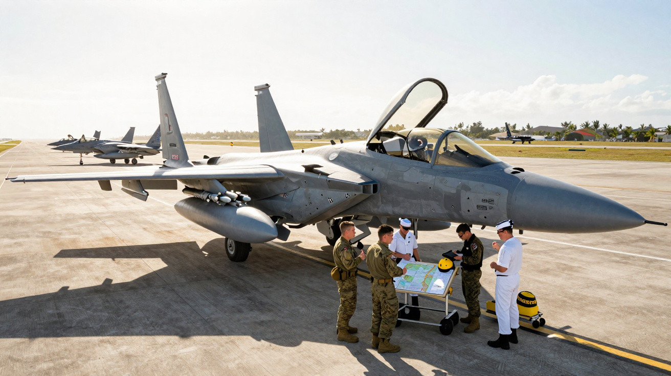 Avião de caça estacionado com quatro militares em uniforme a consultar mapa num aeroporto.