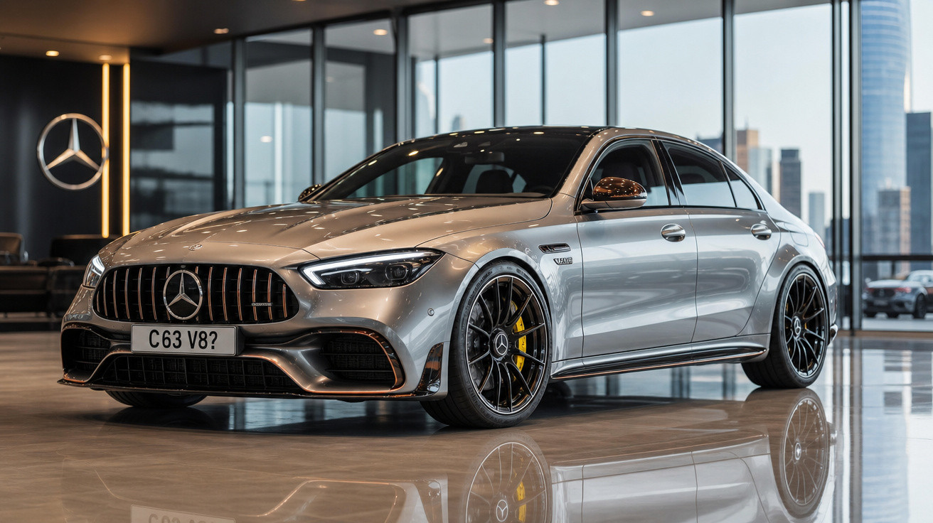 Automóvel Mercedes-Benz C63 AMG Prata estacionado em interior de showroom moderno com vidros grandes.