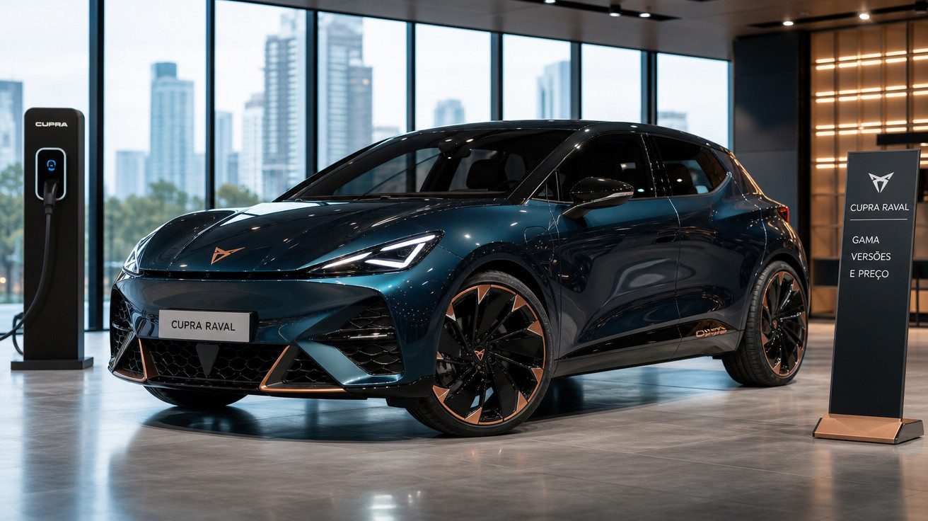 Cupra Raval elétrico azul escuro em exposição com estação de carregamento e montra informativa em ambiente moderno.
