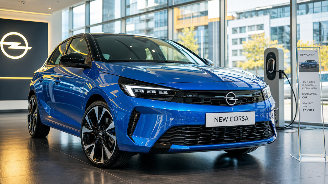 Automóvel azul Opel New Corsa em exposição numa sala moderna com grandes janelas.