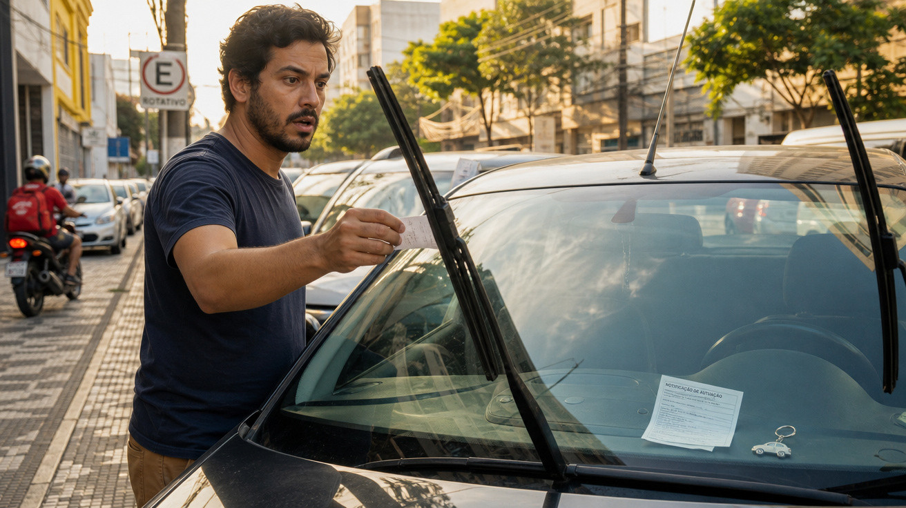 Homem retira nota de infração do para-brisas de carro estacionado numa rua urbana.