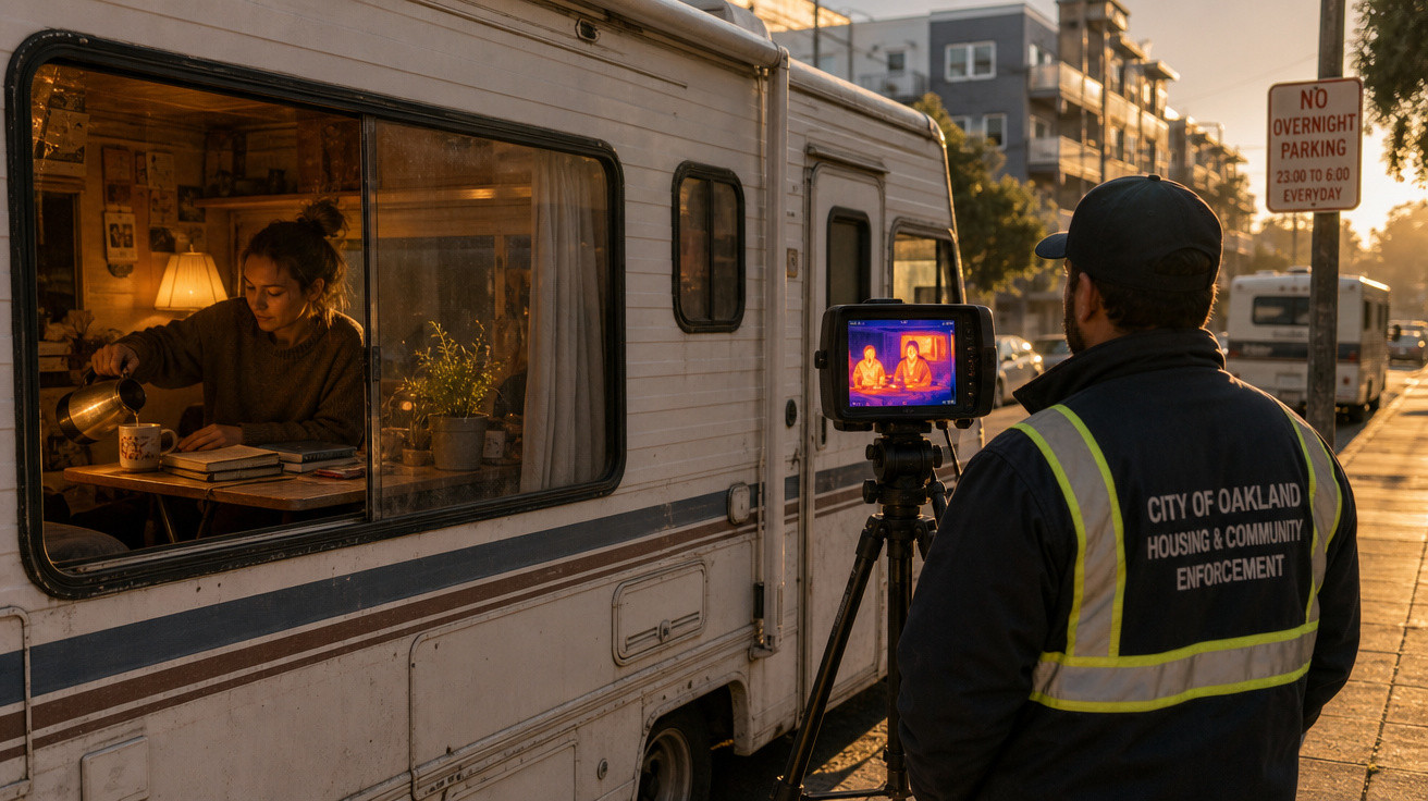 Homem com colete de fiscalização monitora com câmara térmica mulher dentro de camper ao pôr do sol na cidade.
