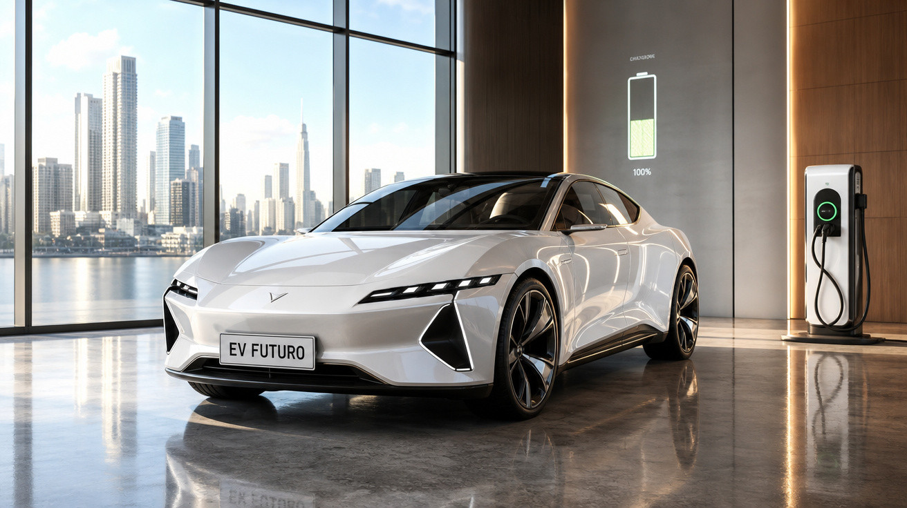 Carro elétrico branco futurista carregando numa estação, grande janela com vista para cidade moderna.
