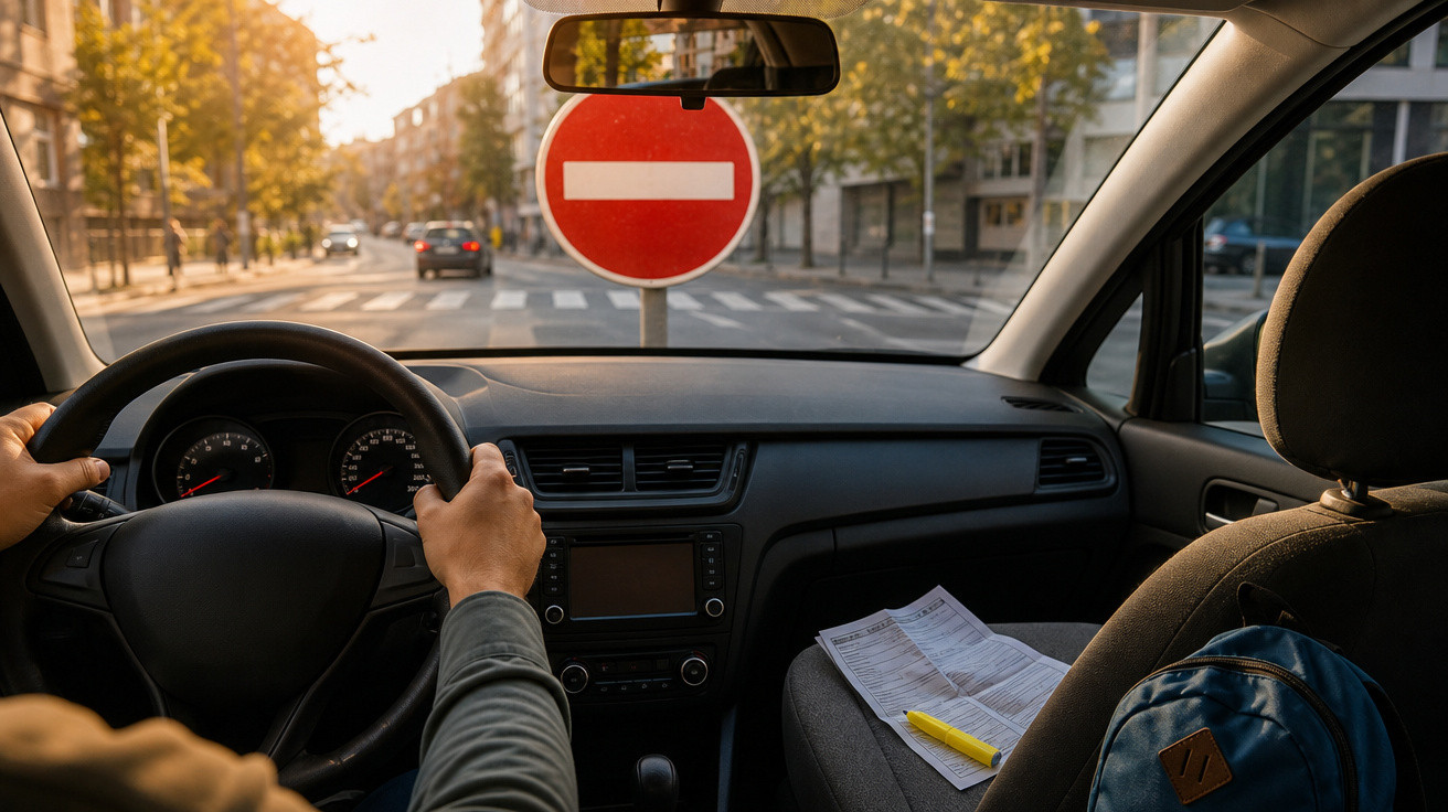 Interior de carro com motorista a segurar volante, parado diante de sinal de trânsito de proibição de entrada.
