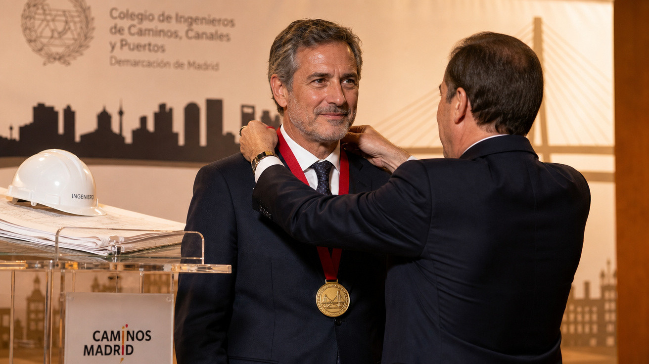 Homem recebe medalha durante cerimónia no Colegio de Ingenieros de Caminos, Canales y Puertos, Madrid.