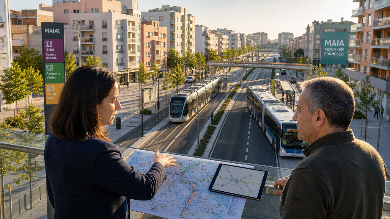 Duas pessoas consultam mapa e tablet numa passadeira com vista para elétrico e autocarro em zona urbana da Maia.