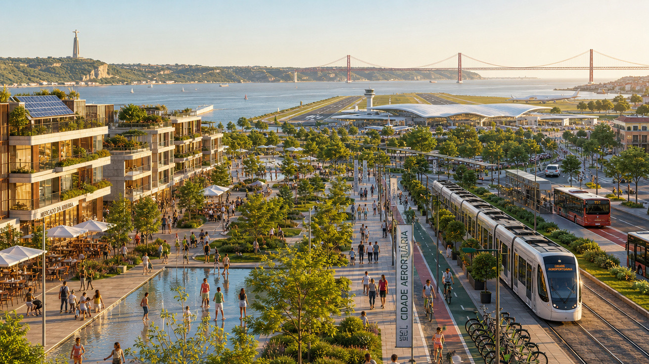 Imagem do Parque das Nações em Lisboa com pessoas, transporte, árvores, Rio Tejo, Padrão dos Descobrimentos e Ponte 25 de Abr