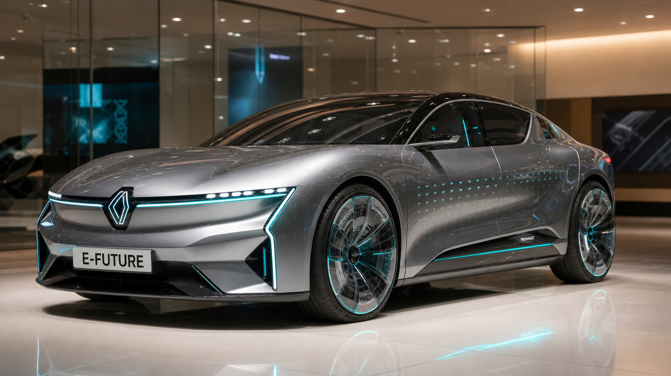 Carro elétrico conceito Renault E-Future prateado com luzes azuis em exposição num espaço moderno.