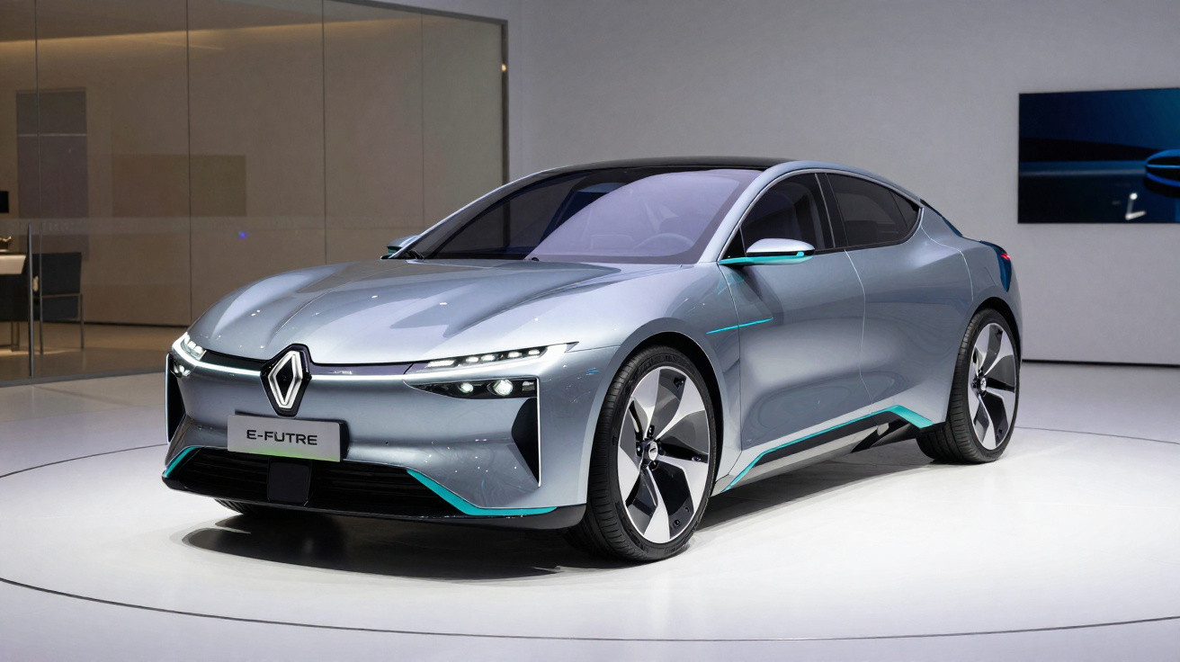 Carro elétrico conceito Renault E-Futre prateado exposto num salão moderno.