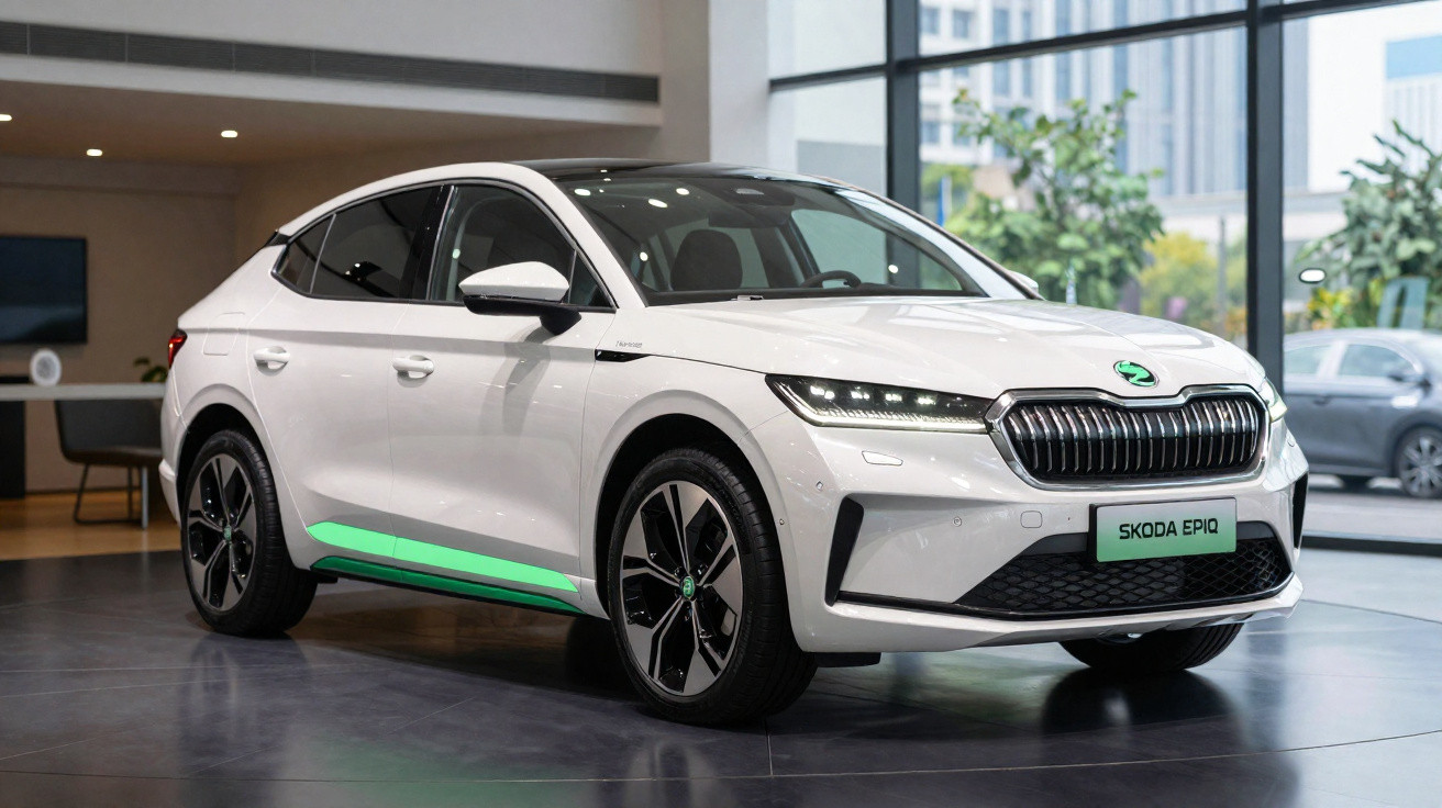 Carro elétrico branco Škoda Enyaq Coupé iV, em exposição numa sala moderna com janelas grandes.
