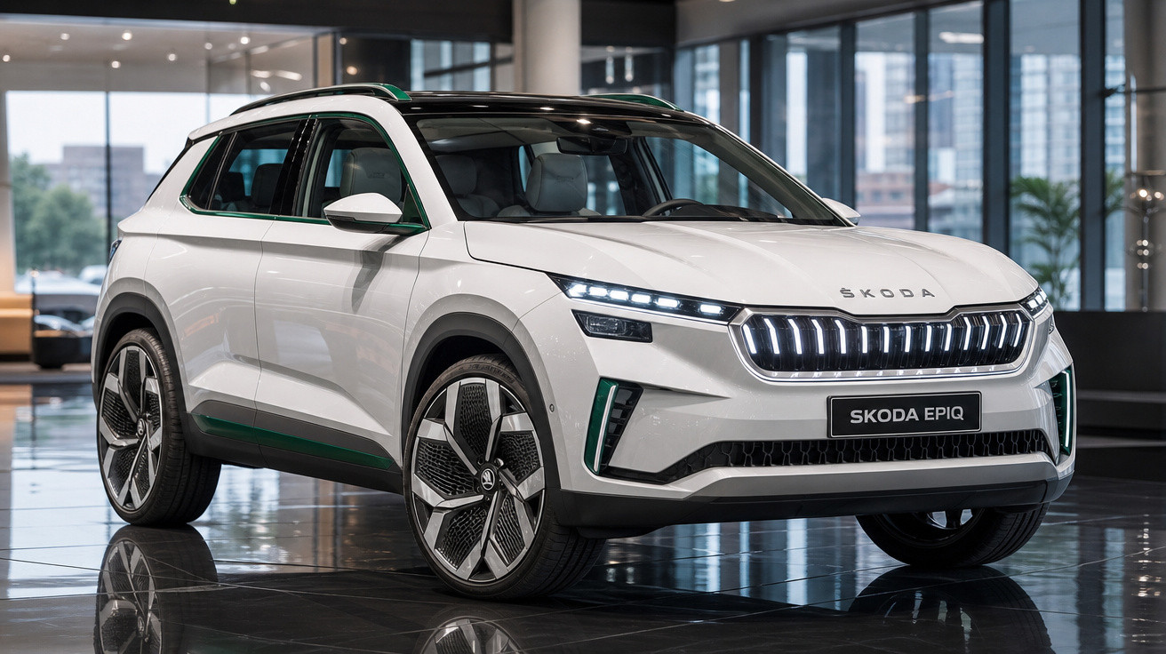 Carro elétrico Skoda Epiq branco exibido num showroom moderno com piso refletor e janelas amplas.