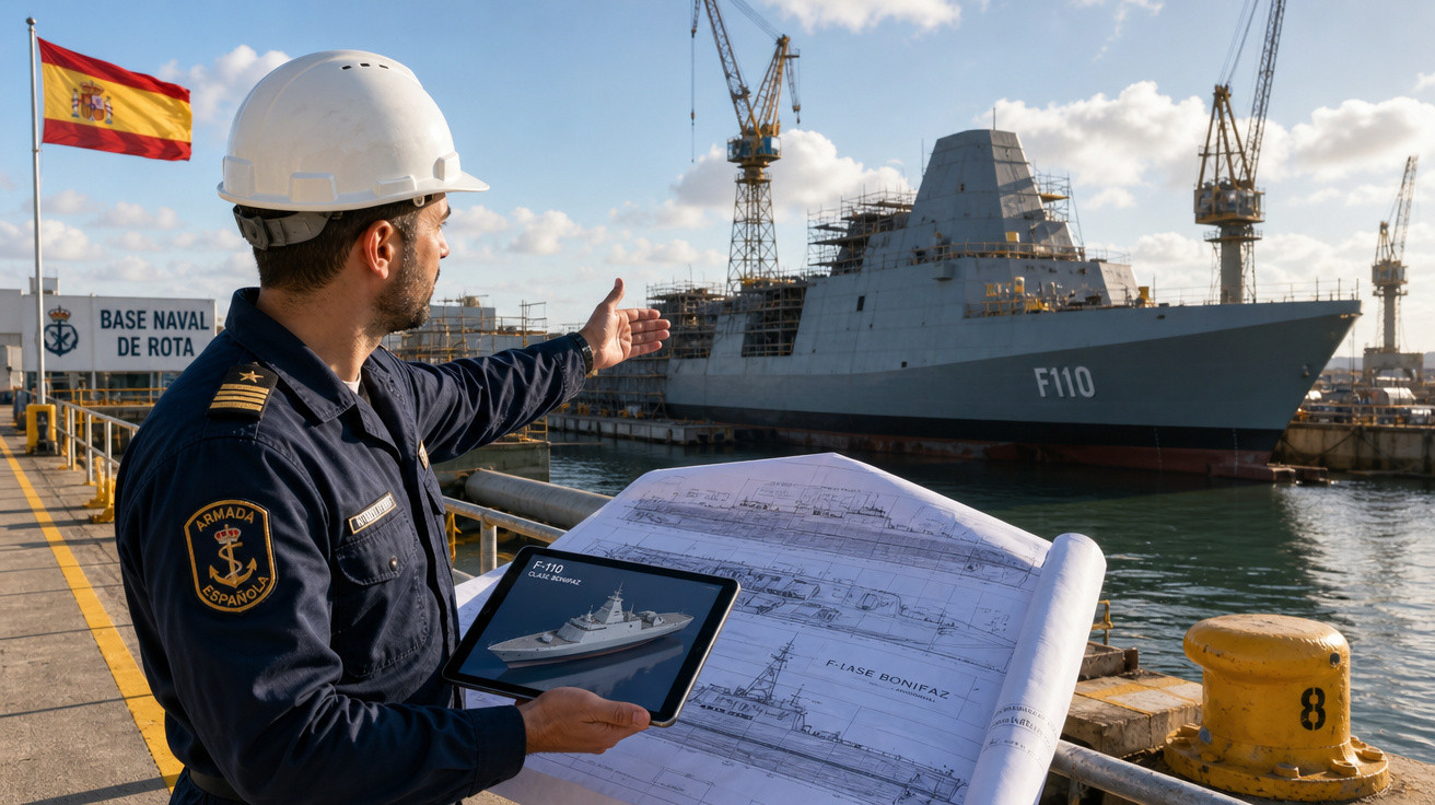 Marinheiro espanhol com capacete observa e aponta para um navio militar em construção na Base Naval de Rota.