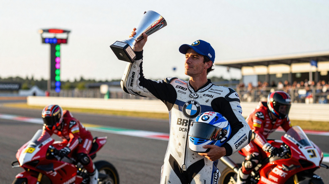 Piloto de motociclismo da BMW celebra vitória com troféu, capacete na mão e motos e rival ao fundo.