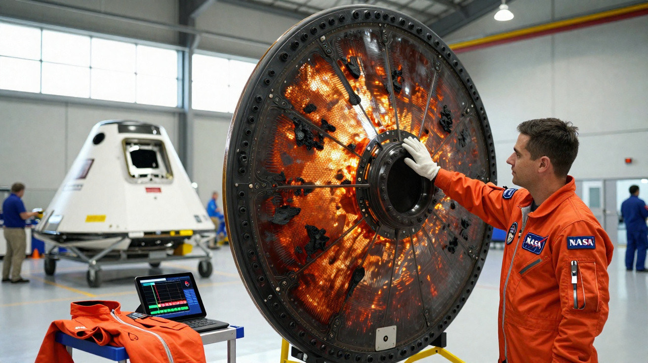 Astronauta inspeciona escudo térmico queimado de cápsula espacial num hangar da NASA.