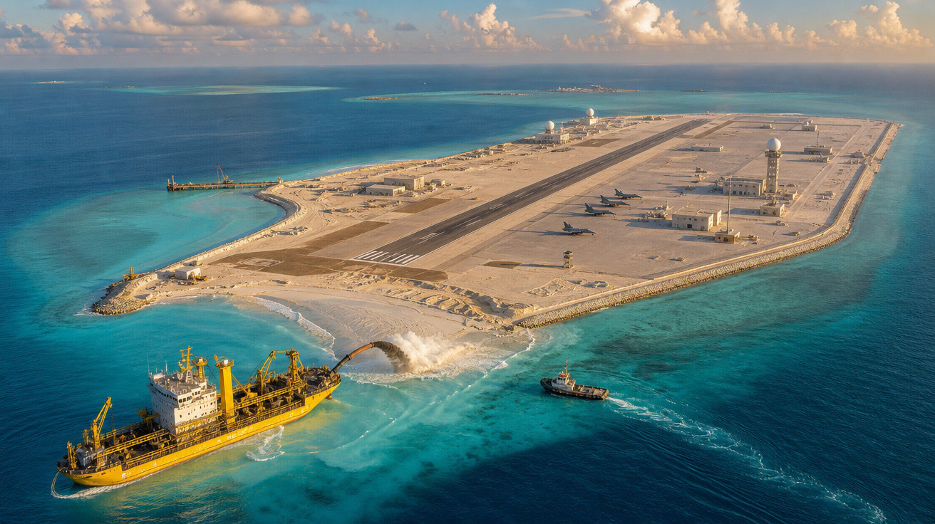 Ilha artificial com aeroporto e navio a dragar areia junto à costa em mar azul cristalino.