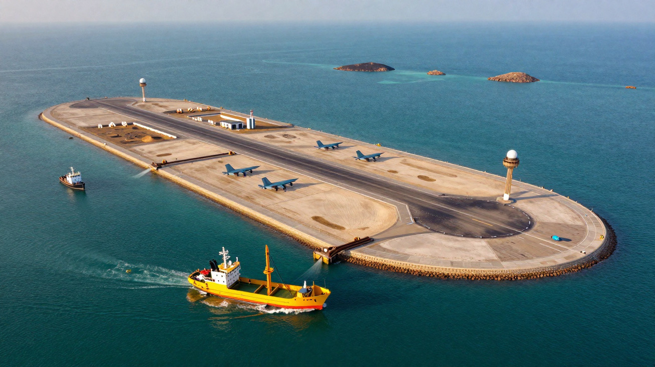 Ilha artificial com pista de aterragem, quatro jatos estacionados e dois navios no mar azul.