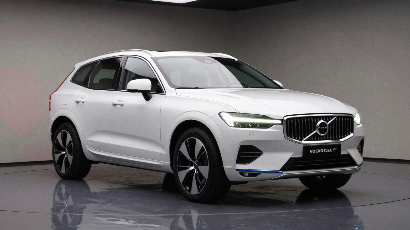 Carro Volvo Volvo EX60 PT branco estacionado em estúdio com fundo cinza e piso reflexivo.