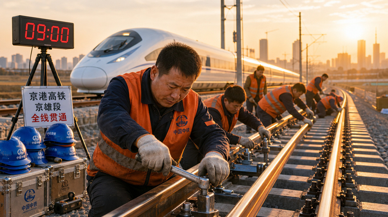 Trabalhadores de coletes laranja ajustam carris ferroviários ao nascer do sol, com comboio de alta velocidade ao fundo.