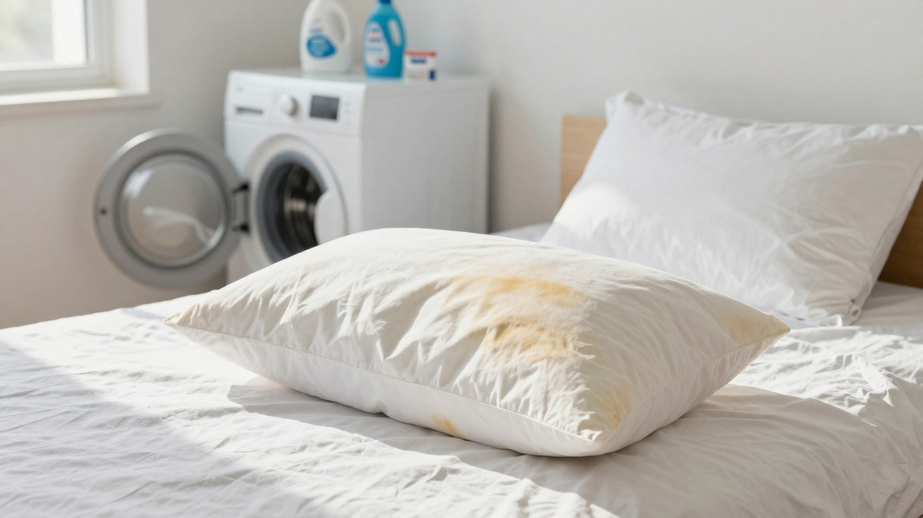 Travesseiro branco com manchas amarelas em cama branca, ao fundo máquina de lavar com porta aberta.