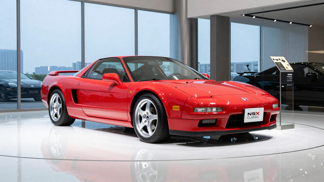 Carro desportivo vermelho Honda NSX Classic exposto num museu moderno com chão branco e grandes janelas.