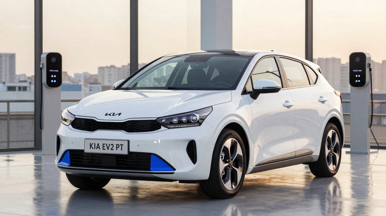 Carro elétrico branco Kia EV2 PT estacionado numa garagem com carregadores elétricos.