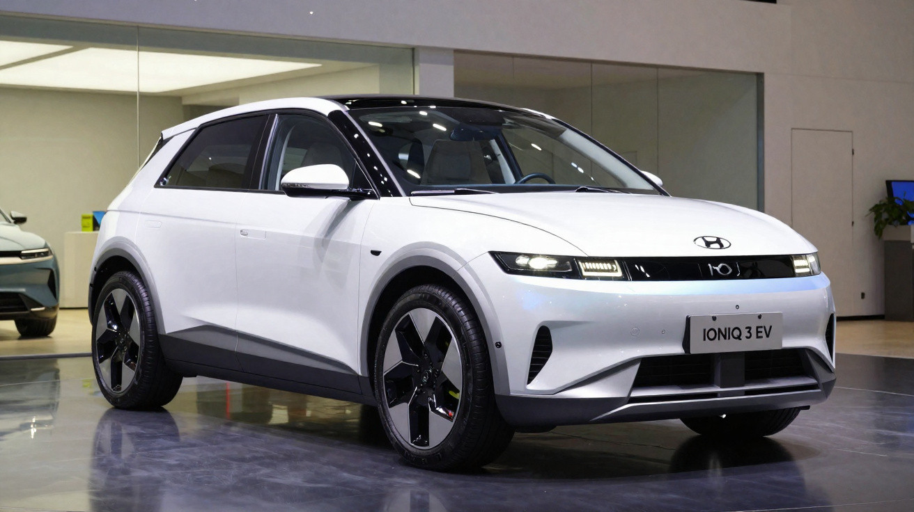 Carro elétrico Hyundai Ioniq 3 EV branco num espaço interior moderno e iluminado.