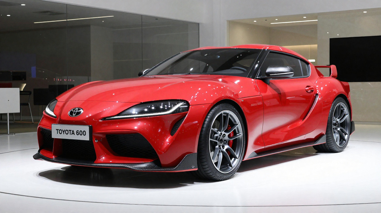 Carro desportivo vermelho Toyota 600 em exposição numa sala moderna e iluminada.