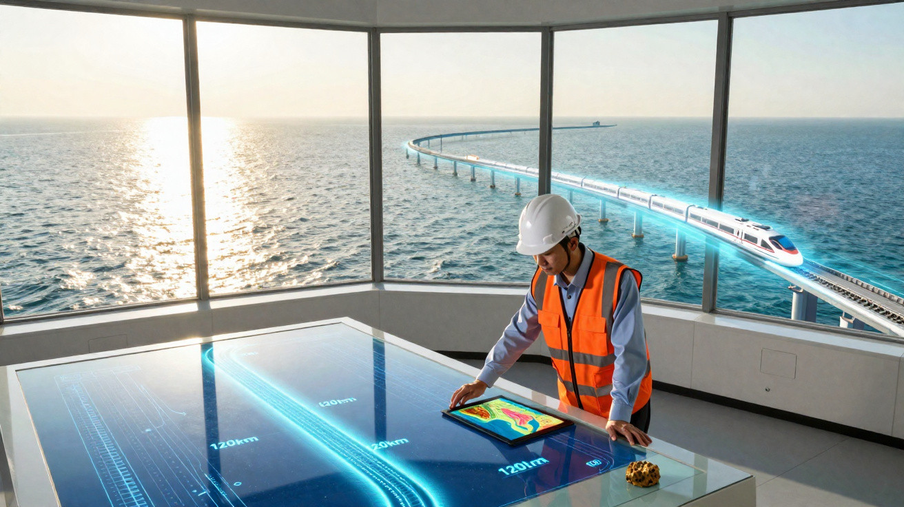 Engenheiro com colete e capacete em sala com mesa digital, com vista para comboio de alta velocidade sobre o mar.