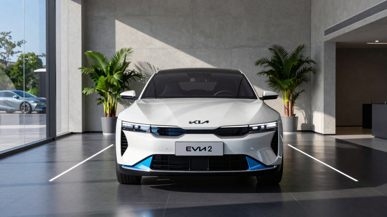 Carro elétrico branco Kia EV6 estacionado numa garagem moderna com plantas decorativas.